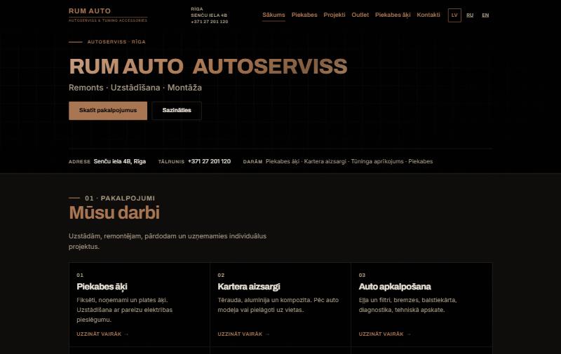 RUM AUTO autoservisa mājaslapas sākumlapa ar pakalpojumu sarakstu un kontaktinformāciju